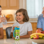 a mother, child and grandfather in a kitchen drinking water for hydration.